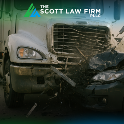 The front of a Vancouver semi truck hitting a smaller black car with debris flying all around