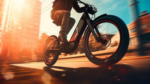 A cyclist on an e-bike with large tires rides quickly on a city street bathed in strong sunlight.