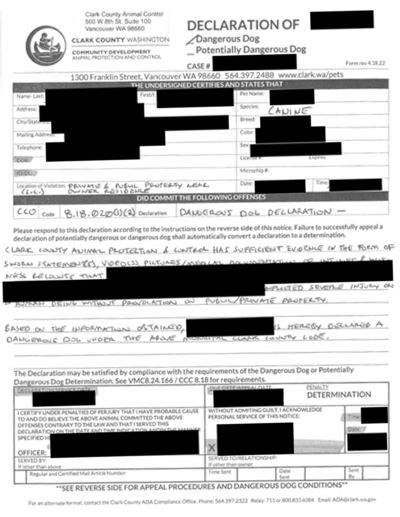 Official Clark County, Washington “Declaration of Dangerous Dog” form with redacted information