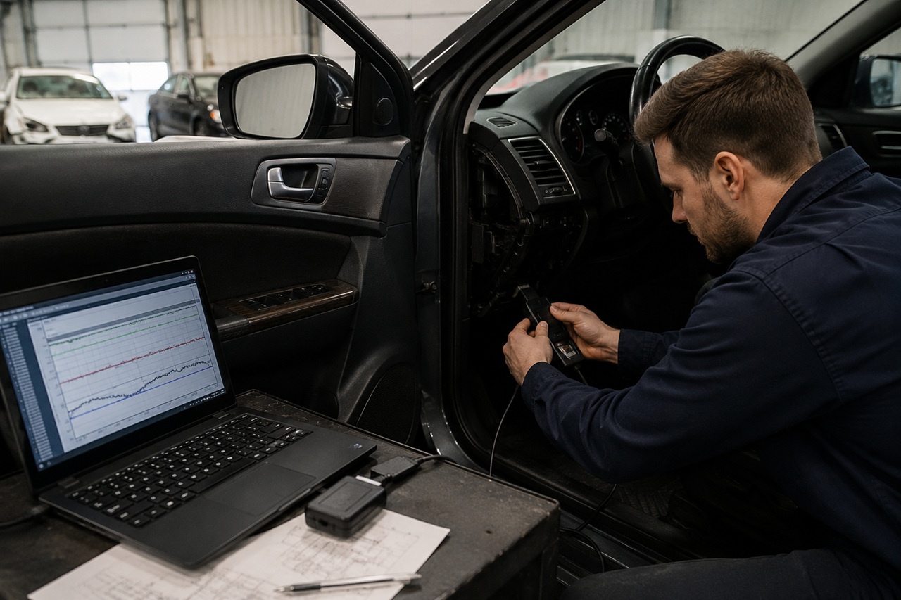 A technician connecting a diagnostic tool to a vehicle dashboard to extract Event Data Recorder black box evidence for a Washington car accident lawsuit investigation, with telemetry data visible on a laptop screen.