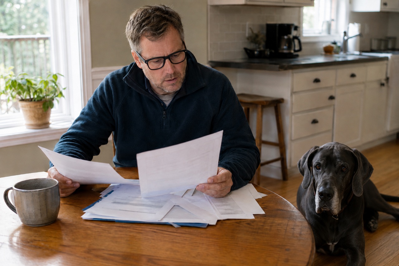 A middle-aged man wearing glasses sits at a round wooden kitchen table diligently reviewing documents held in both hands, while a large, dark grey Great Dane lies on the hardwood floor right next to him looking directly toward the camera.