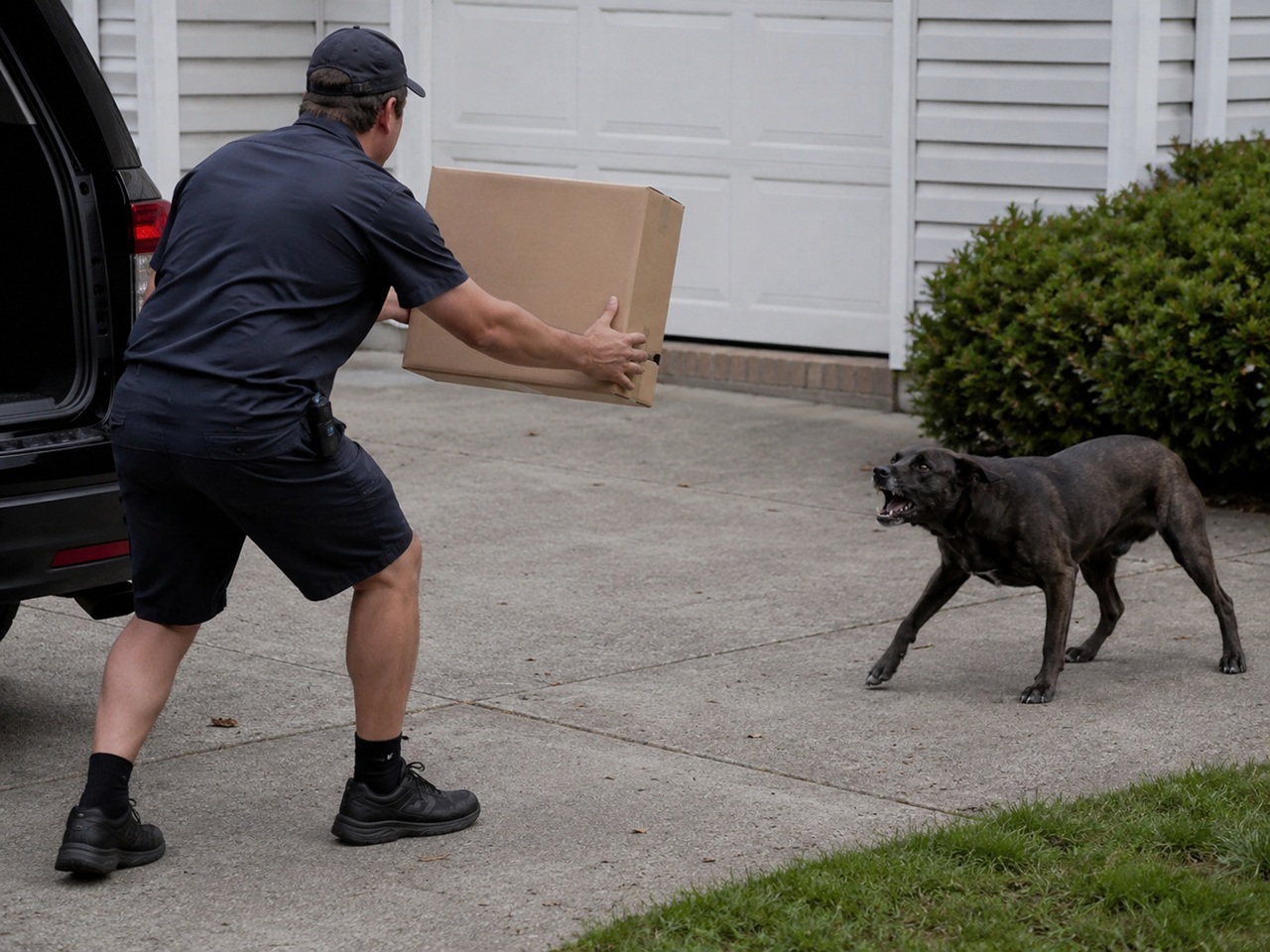 A delivery worker in a dark uniform braces himself with a large cardboard box as an aggressive dog charges toward him on a residential driveway in Washington state, depicting the dog bite risks faced by delivery workers on the job.